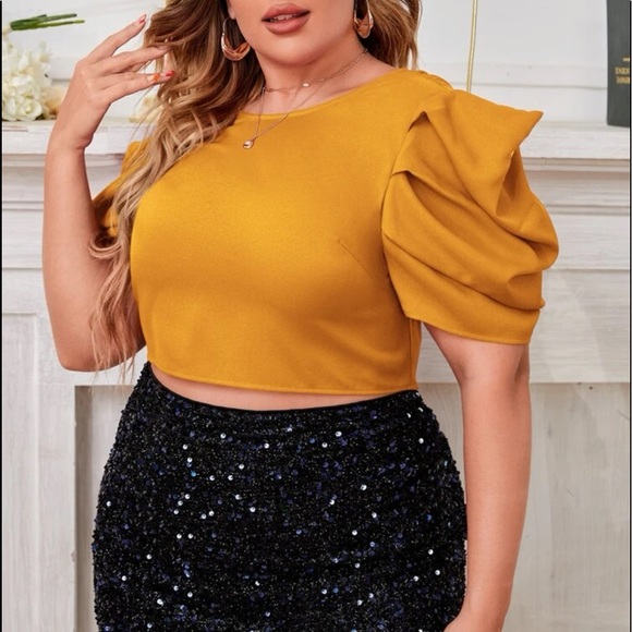 Plus Size Crop Backless Open Back Backless Puff Sleeve Self Tie Top Blouse Shirt - Picture 9 of 10